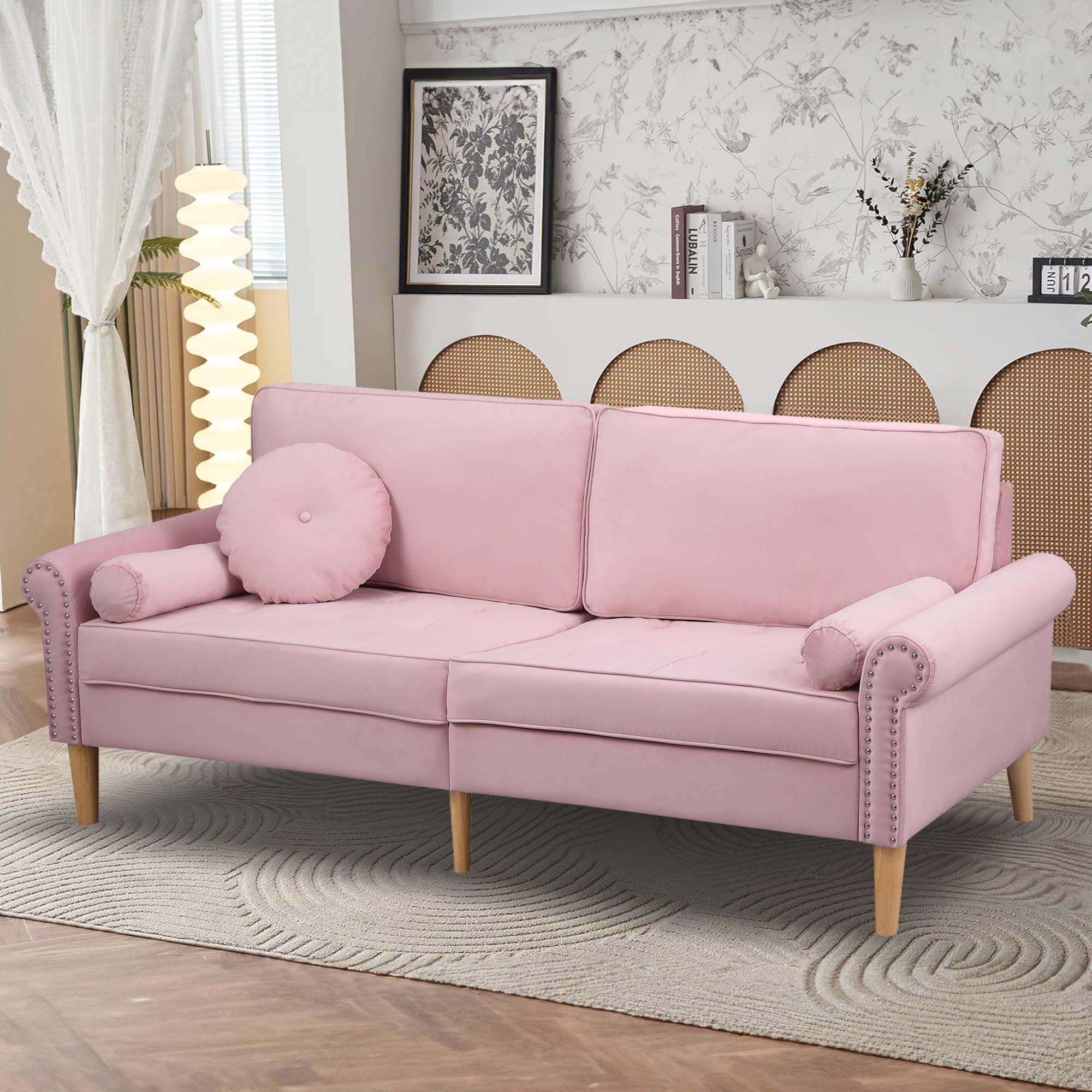 Aukfa 77.2" Sofa Couch, 3-Seater Sofa with Copper Nail and 3 Pillows, Velvet Loveseat for Living Room - Pink