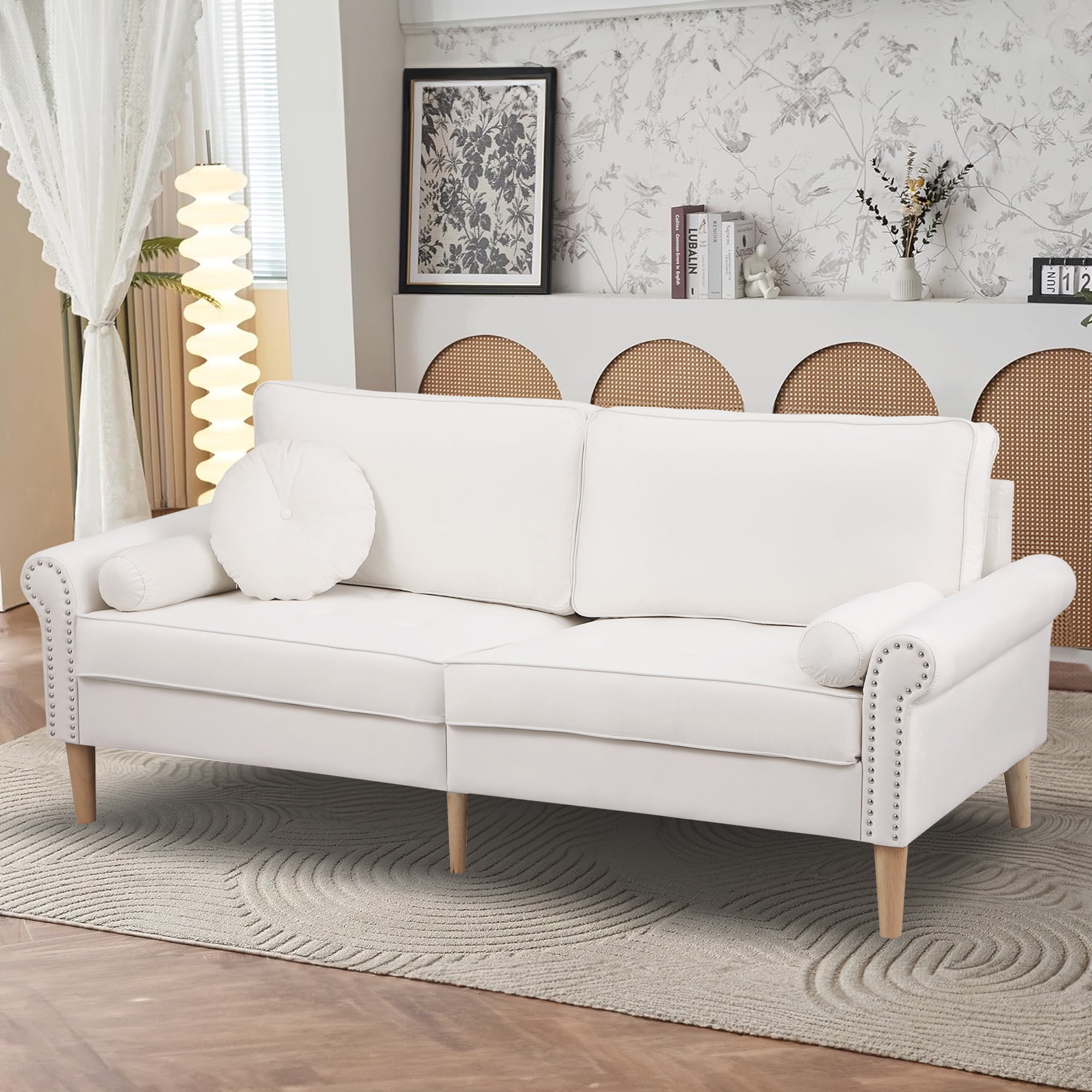 Aukfa 77.2" Sofa Couch, 3-Seater Sofa with Copper Nail and 3 Pillows, Velvet Loveseat for Living Room - White