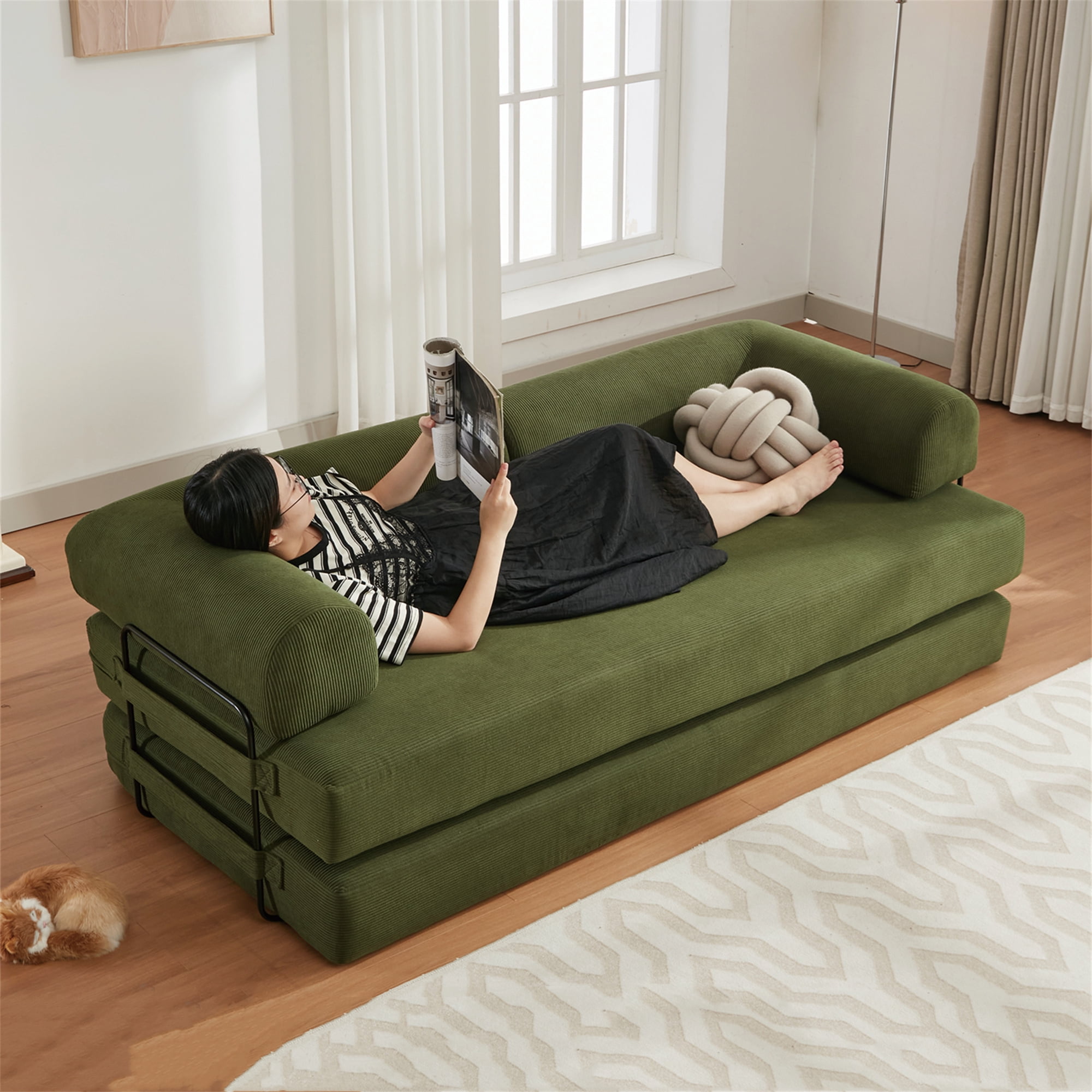 Aukfa 78.5" Convertible Sleeper Couch Folding King Size Futon Sofa for Living Room, Corduroy, Green
