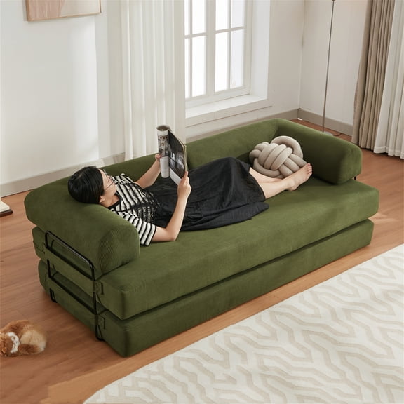 Aukfa 78.5" Convertible Sleeper Couch Folding King Size Futon Sofa for Living Room, Corduroy, Green