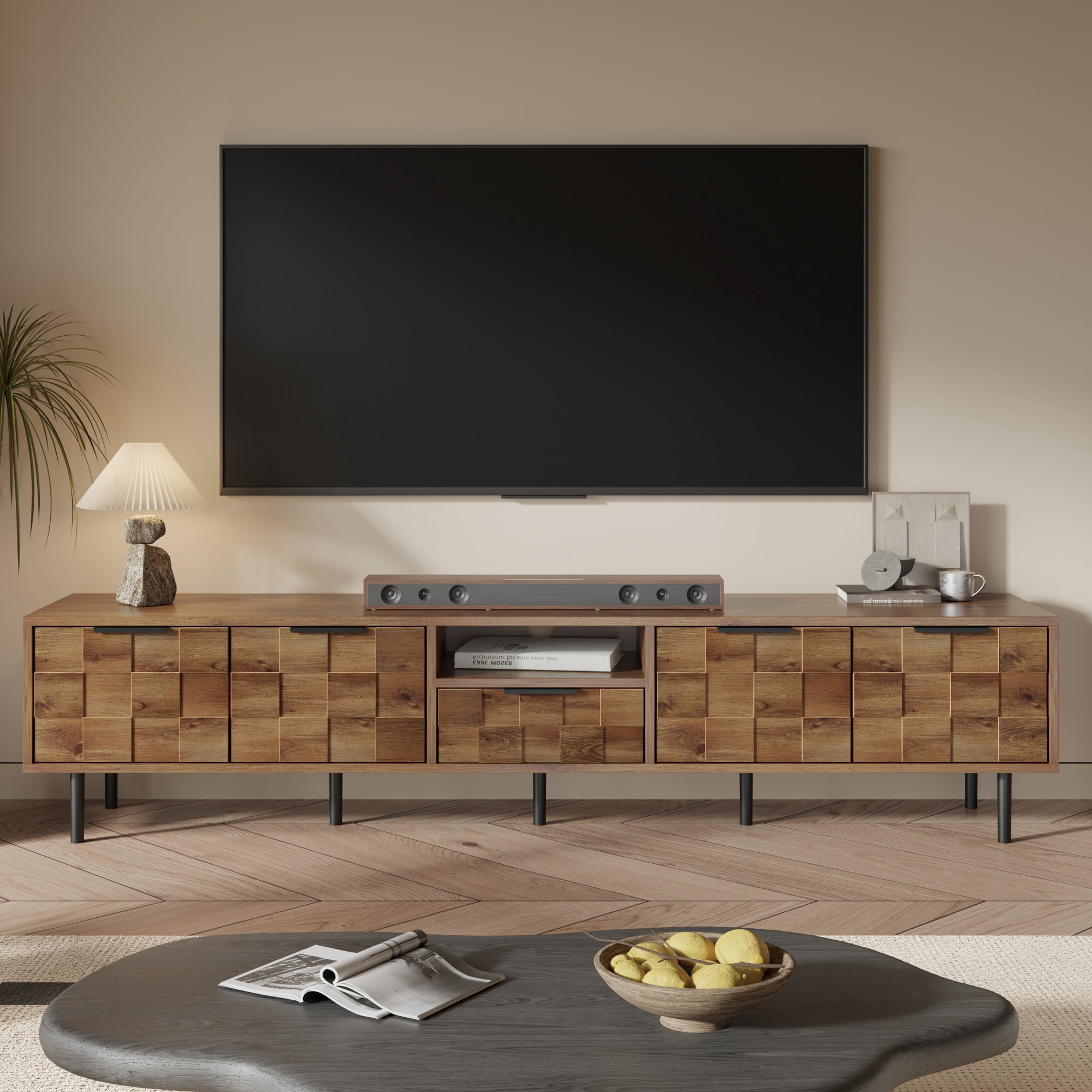 Aukfa 78.7" Mid-Century Modern TV Stand for TVs up to 85", Wood Media Console Entertainment Center,Checkered Design,Natural
