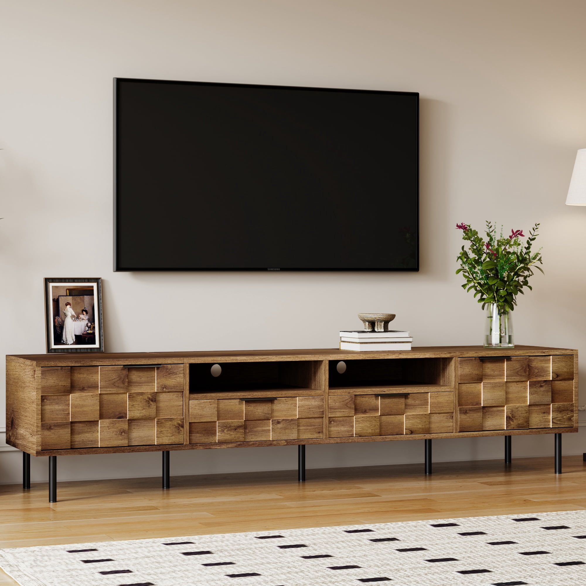 Aukfa 78.7" Mid-Century Modern TV Stand for TVs up to 85", Wood Media Console Entertainment Center,Checkered Design,Natural