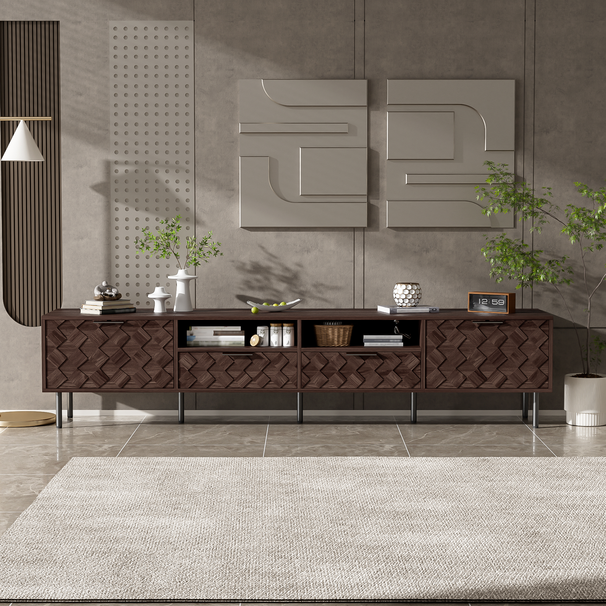 Aukfa 78.7" TV Stand with 3D Diamond Pattern for TVs up to 85", Mid-Century Modern Wood Media Console,,Dark Brown