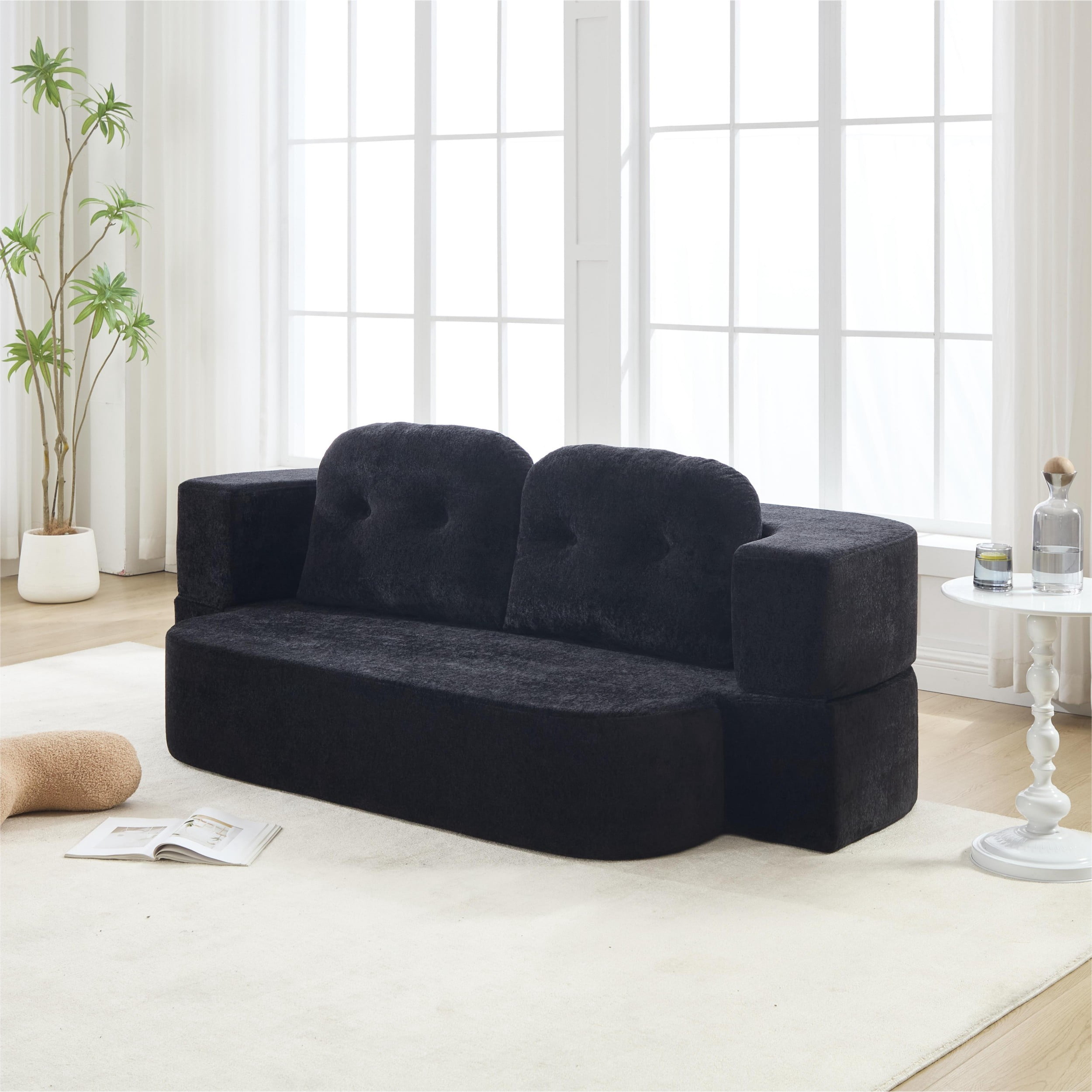 Aukfa 78.7" Twin Size Convertible Sofa Bed, 2-in-1 Folding Floor Sleeper Couch, Futon Loveseat for Living Room, Apartment & Office, Black