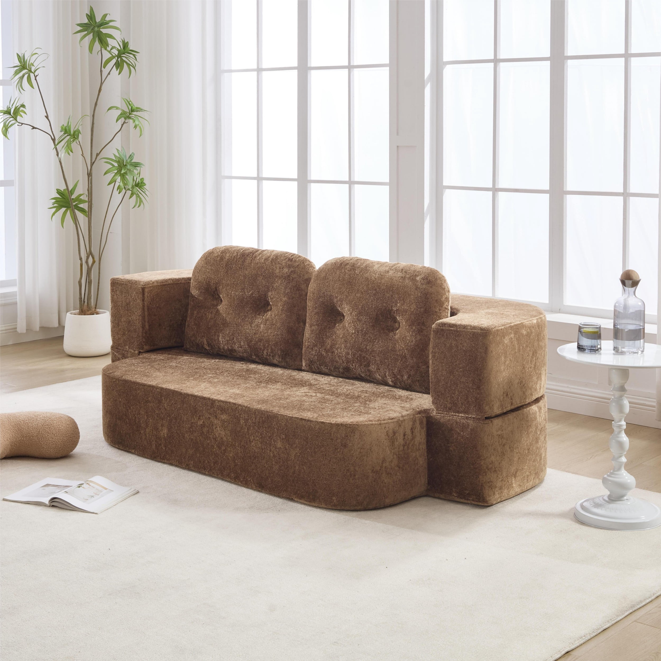 Aukfa 78.7" Twin Size Convertible Sofa Bed, 2-in-1 Folding Floor Sleeper Couch, Futon Loveseat for Living Room, Apartment & Office, Camel