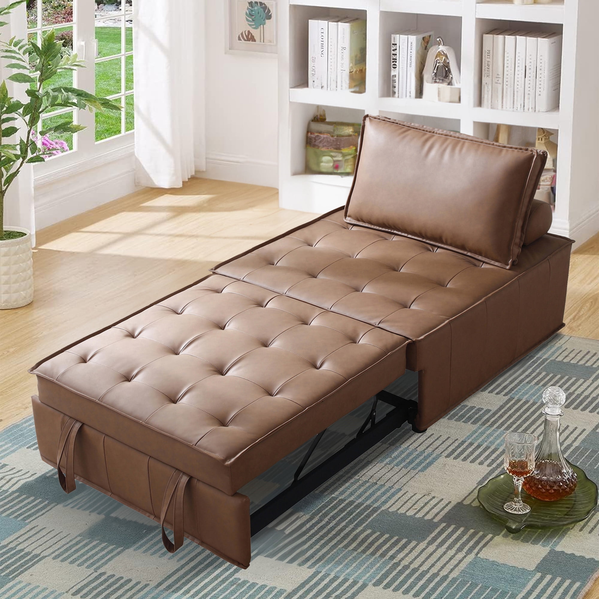 Aukfa 78" Chaise Futon Oversized Pull Out Sleeper Chair Bed for Home Office, Leather, Brown