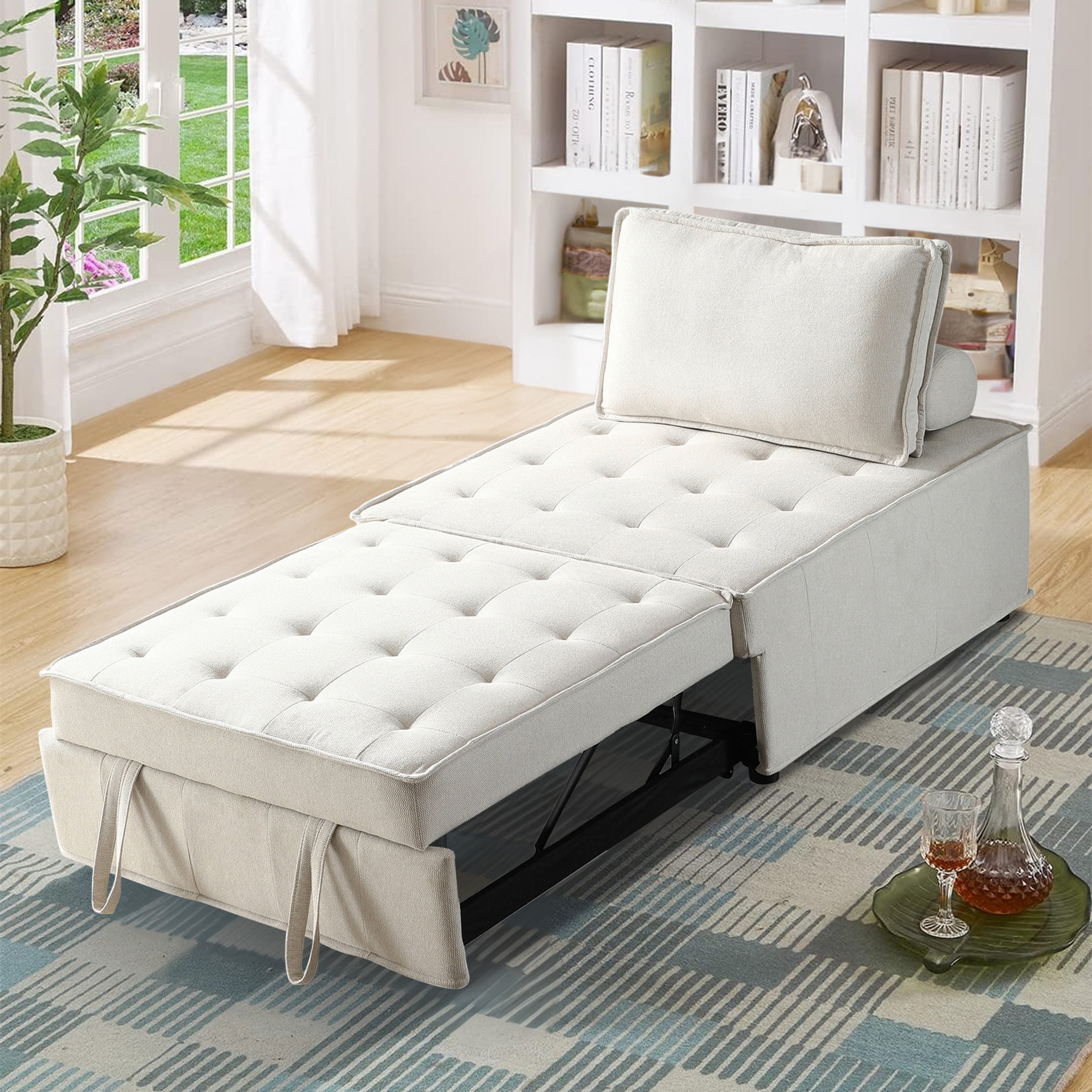 Aukfa 78" Chaise Futon Oversized Pull Out Sleeper Chair Bed for Home Office, Linen, Beige