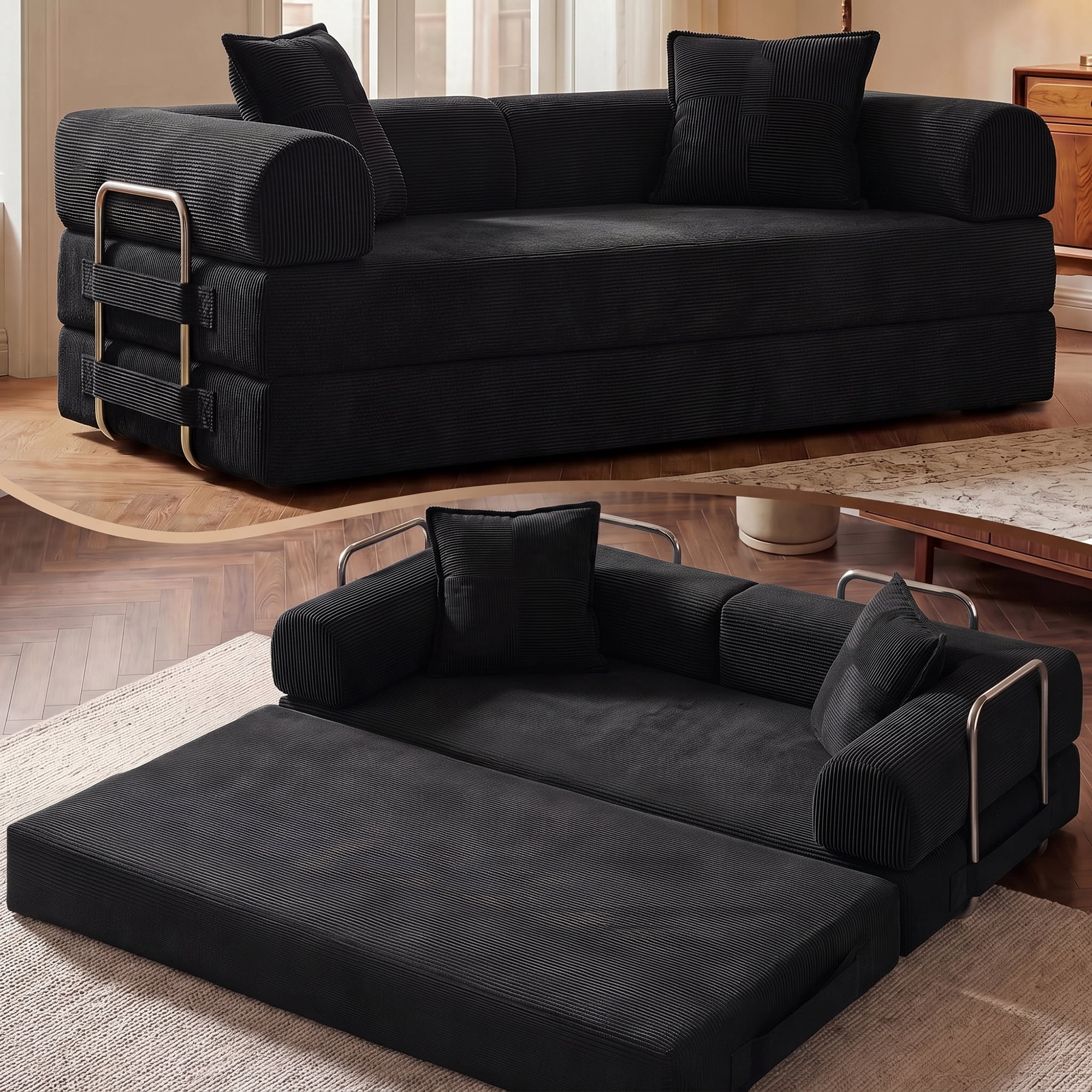 Aukfa 79" Convertible Futon Sofa Bed with Fixed Frame, 5-in-1 Boneless Couch for Living Room, Corduroy, Black