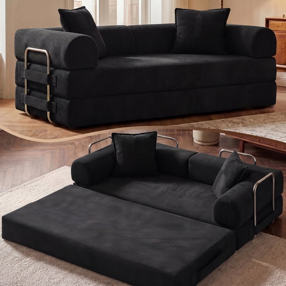 Aukfa 79" Convertible Futon Sofa Bed with Fixed Frame, 5-in-1 Boneless Couch for Living Room, Corduroy, Black