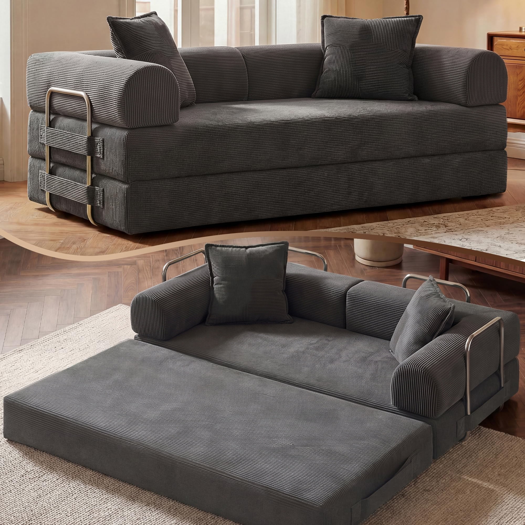 Aukfa 79" Convertible Futon Sofa Bed with Fixed Frame, 5-in-1 Boneless Couch for Living Room, Corduroy, Gray