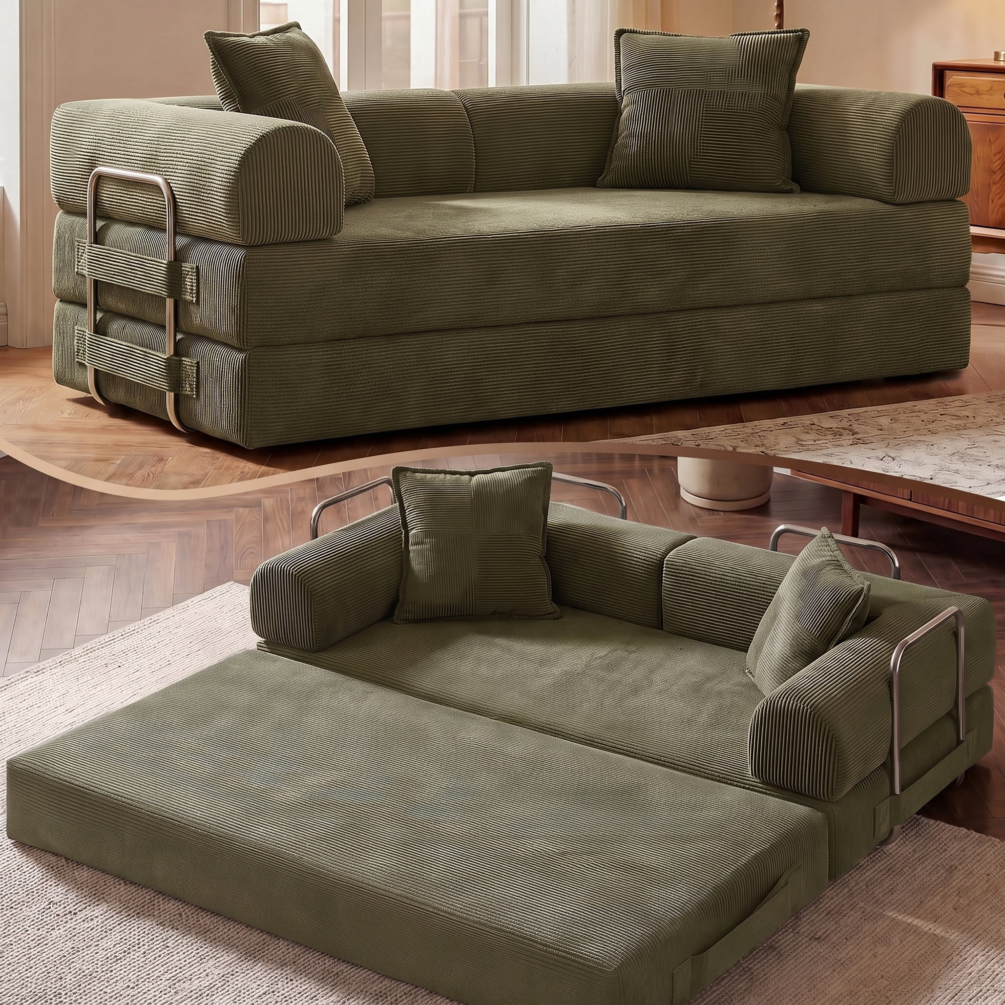 Aukfa 79" Convertible Futon Sofa Bed with Fixed Frame, 5-in-1 Boneless Couch for Living Room, Corduroy, Green