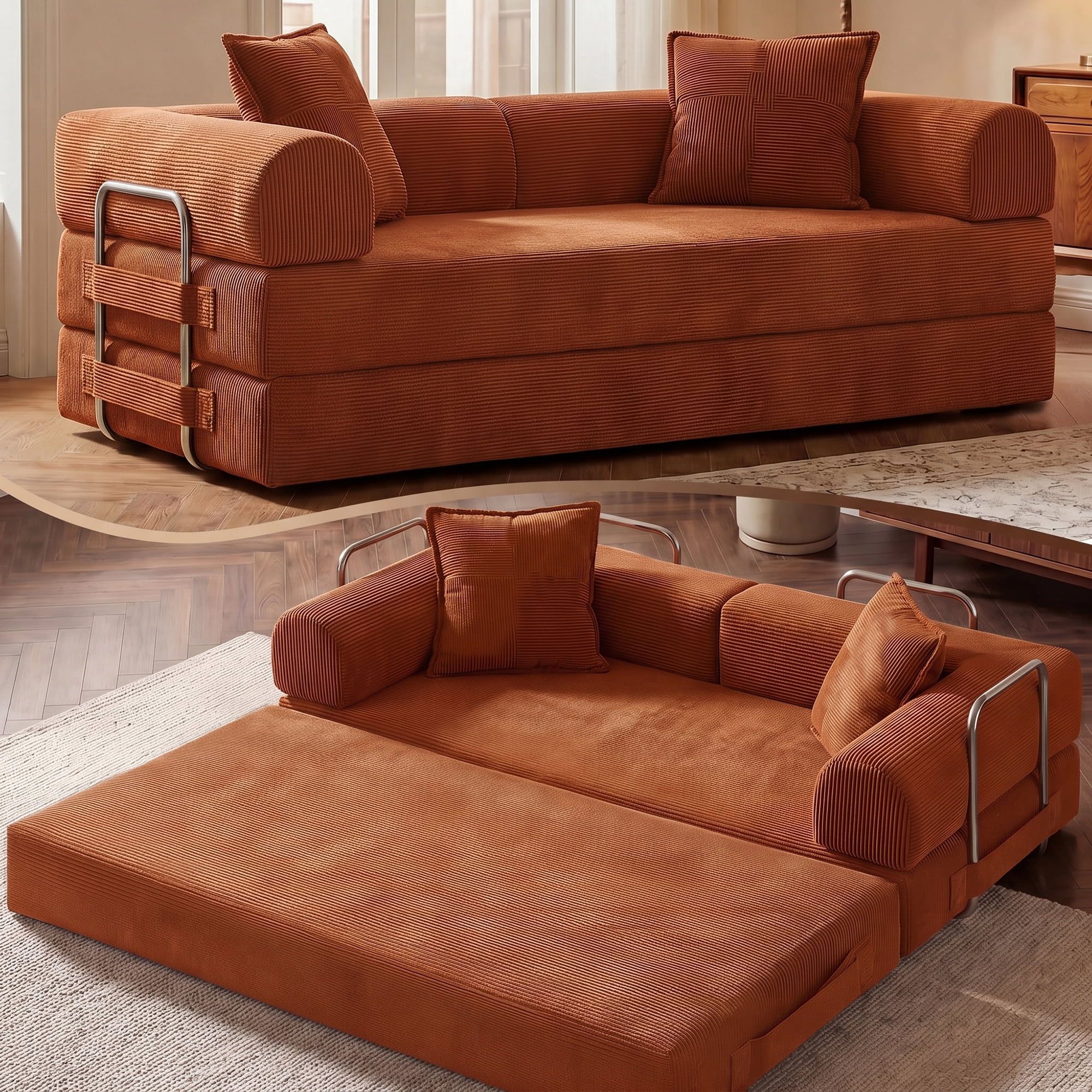 Aukfa 79" Convertible Futon Sofa Bed with Fixed Frame, 5-in-1 Boneless Couch for Living Room, Corduroy, Orange