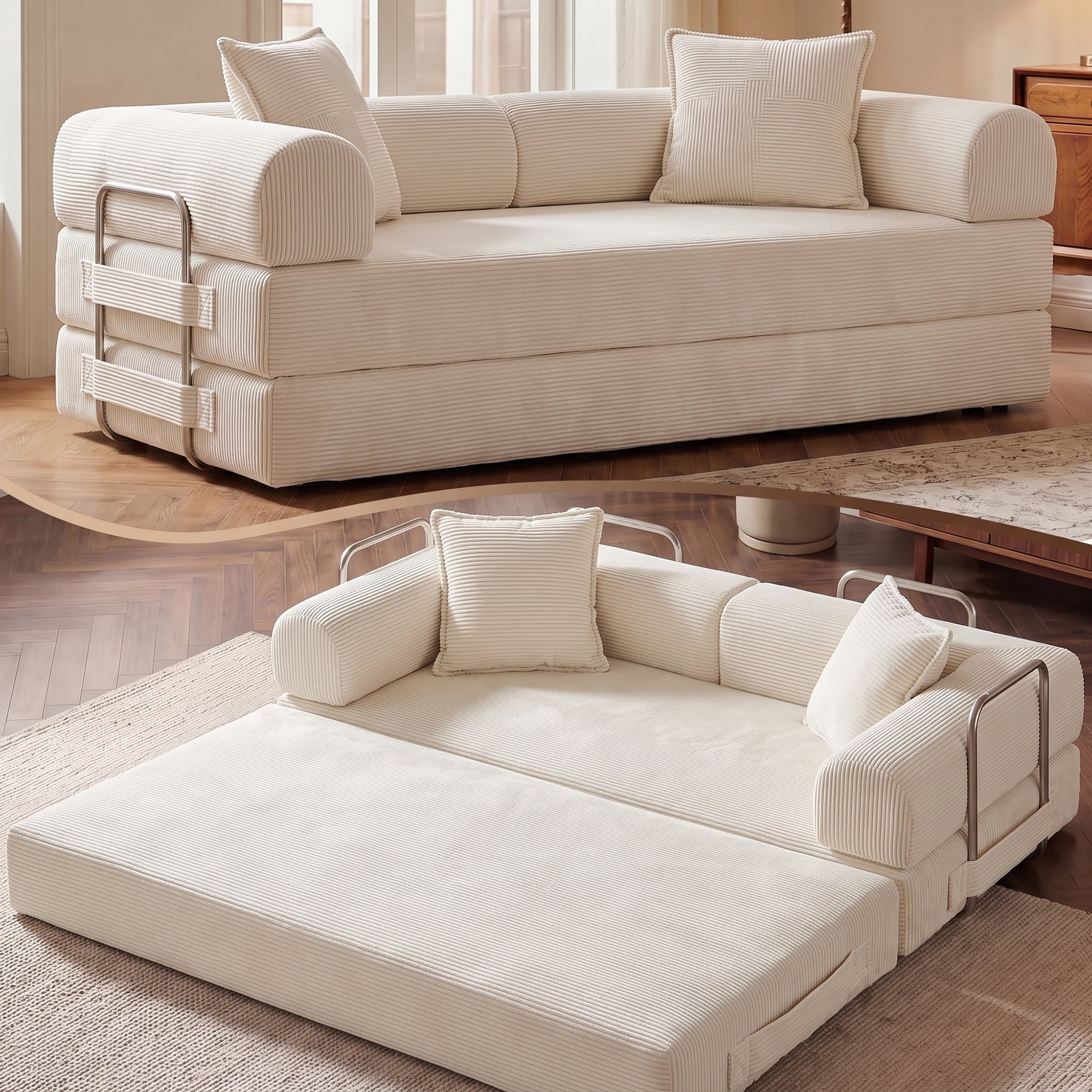 Aukfa 79" Convertible Futon Sofa Bed with Fixed Frame, 5-in-1 Boneless Couch for Living Room, Corduroy, White