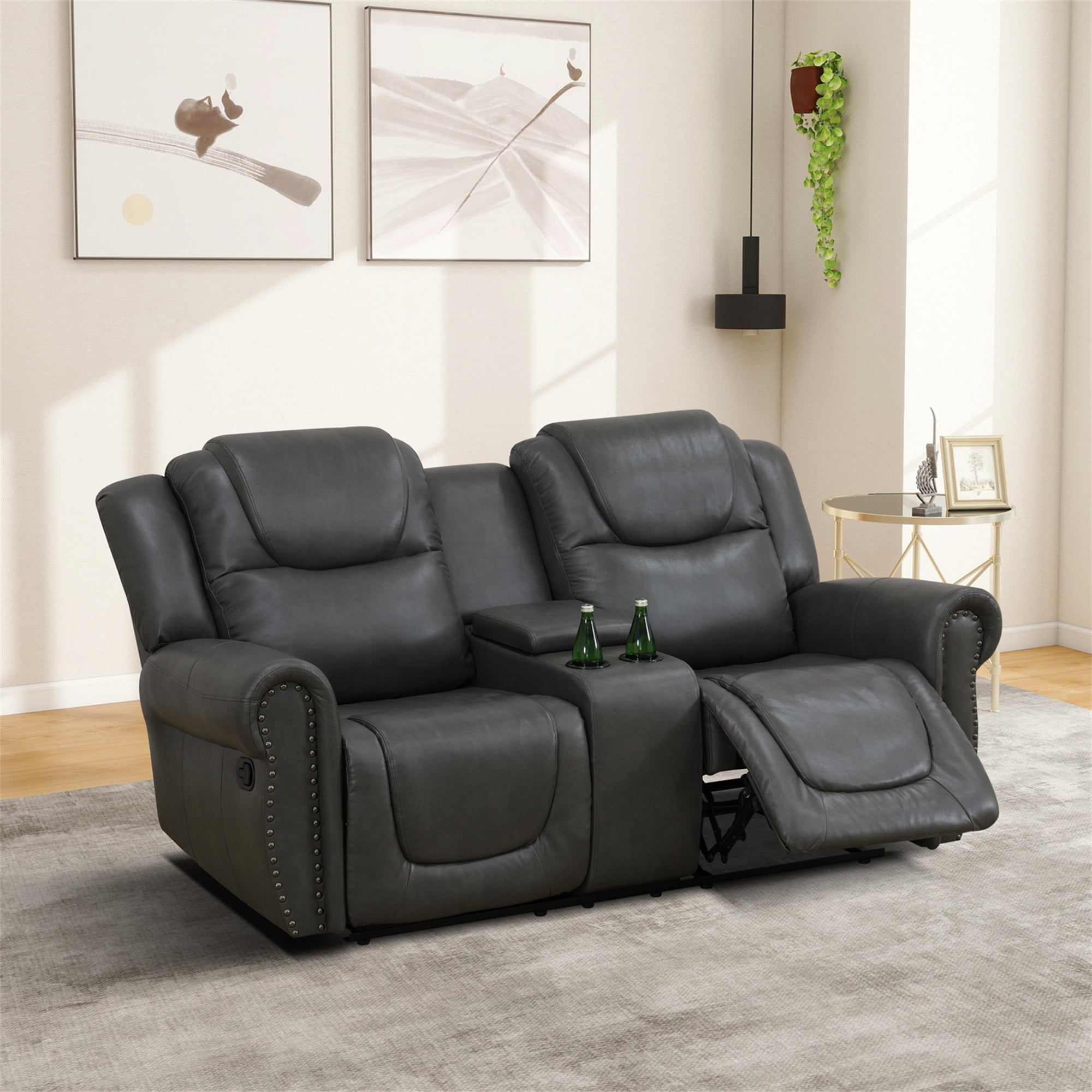 Aukfa 78" Double Recliner Chair Loveseat RV Sofa w/ Cupholder & Console, Home Theater Seating, Leather, Gray
