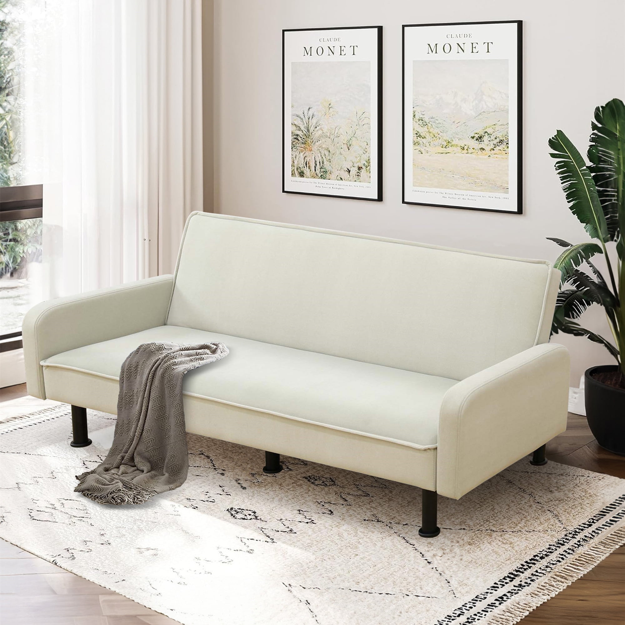 Aukfa 78 inch Square Arm Futon Sofa Bed Upholstered 3 Seat Couch for Home Office Flannel Light Gray