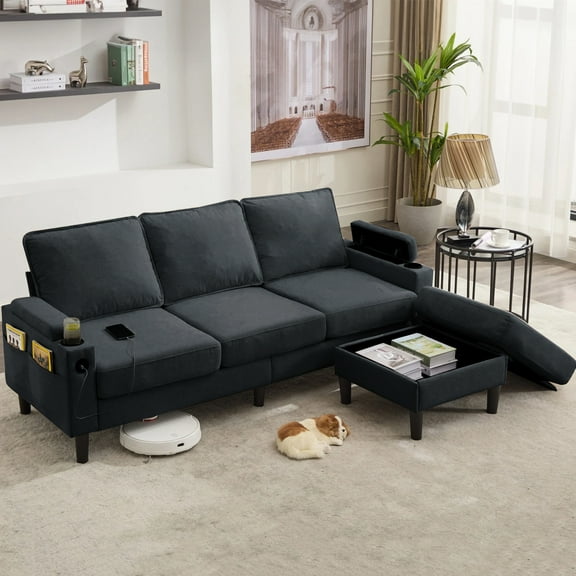 Aukfa 78" Sectional Sofa with USB Port, Storage Ottoman, Armrest w/ Hidden Storage, Linen, Dark Gray