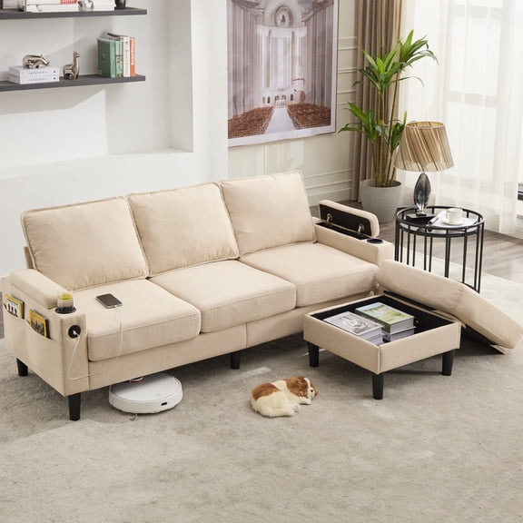 Aukfa 78" Sectional Sofa with USB Port, Storage Ottoman, Armrest with Hidden Storage, Linen, Beige
