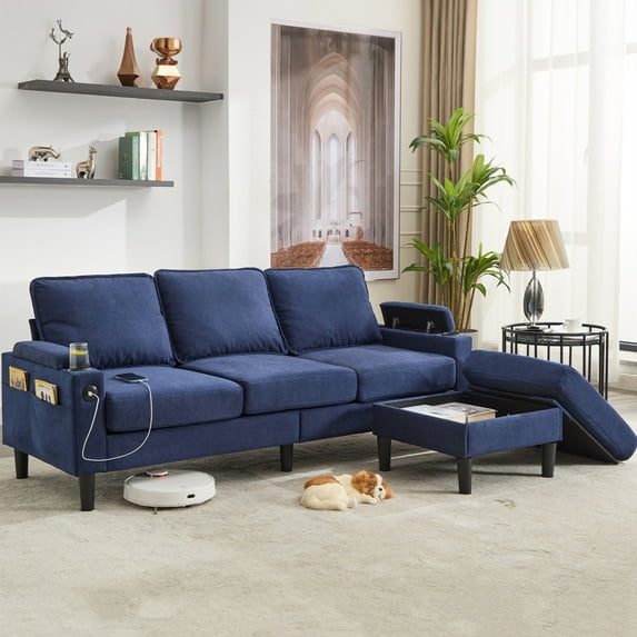 Aukfa 78" Sectional Sofa with USB Port, Storage Ottoman, Armrest with Hidden Storage, Linen, Blue