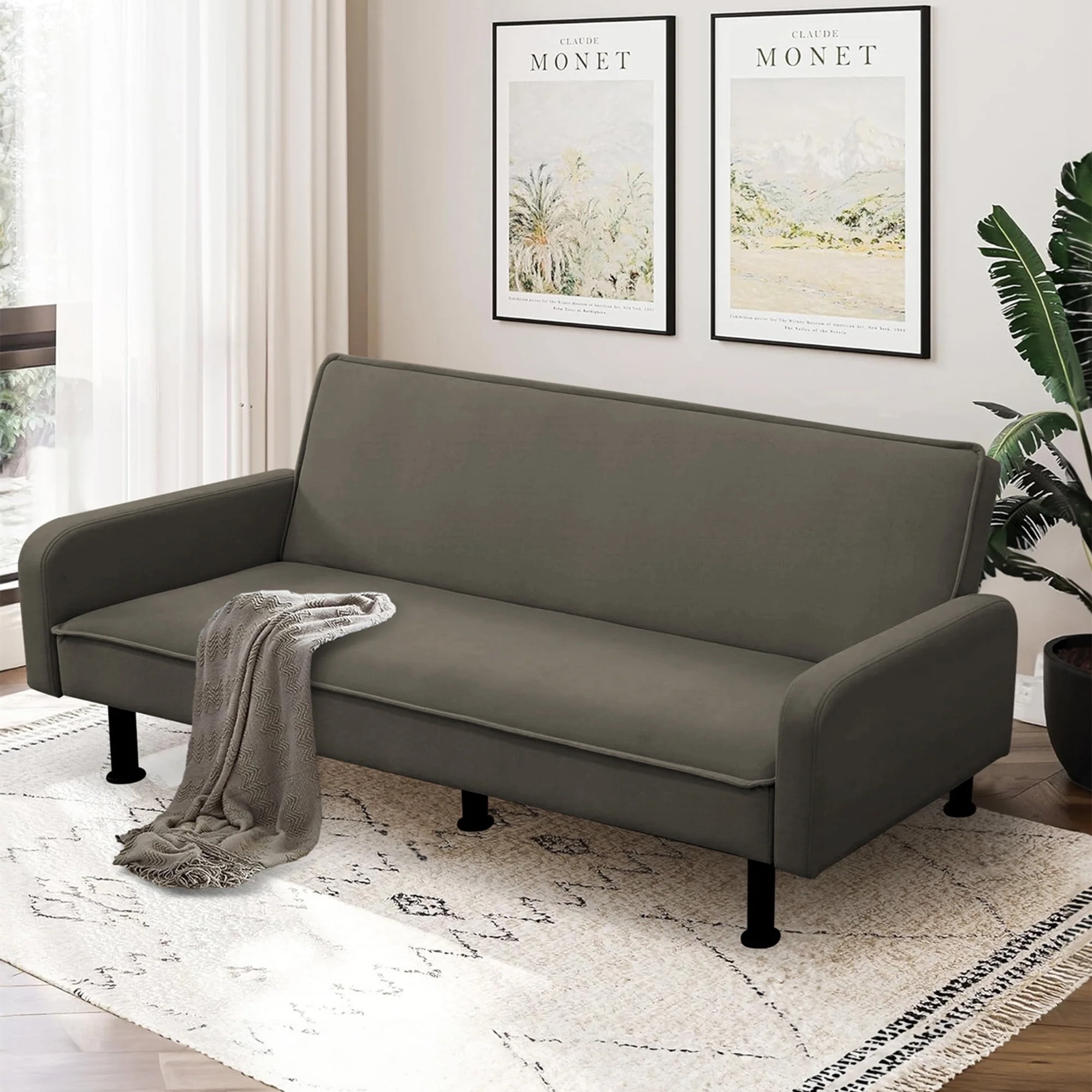 Aukfa 78" Square Arm Futon Sofa Bed Upholstered 3 Seat Couch for Home Office, Flannel, Brown