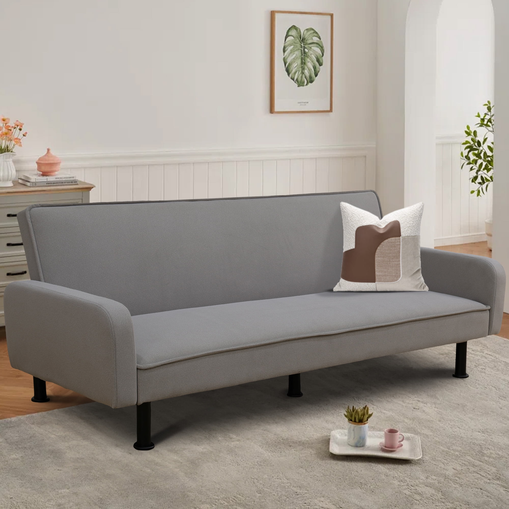 Aukfa 78" Square Arm Futon Sofa Bed Upholstered 3 Seat Couch for Home Office, Flannel, Gray