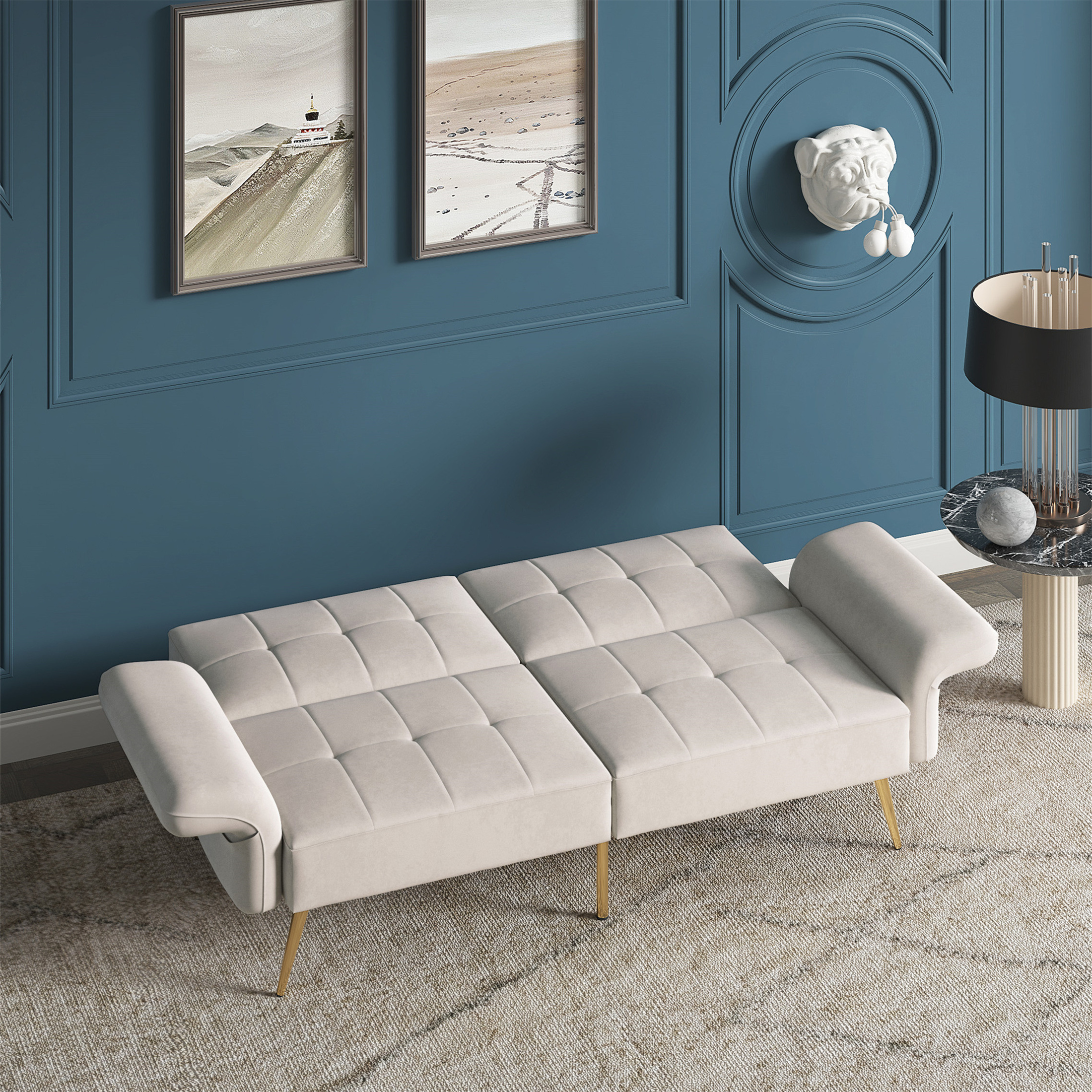 Aukfa 78" Velvet Futon Convertible Sofa, Foldable Armrest with 4