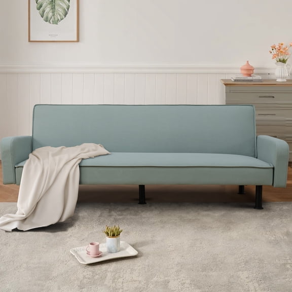 Aukfa 78" Square Arm Futon Sofa Bed Upholstered 3 Seat Couch for Home Office, Flannel, Light Green
