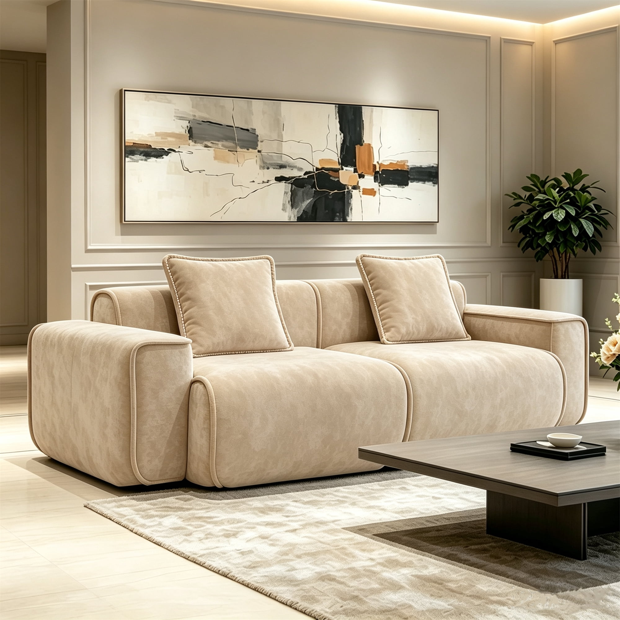 Aukfa 79" Boneless Couch Deep Seat Loveseat Cloud Sofa for Living Room Bedroom, 2 Pillows, Velvet, Camel