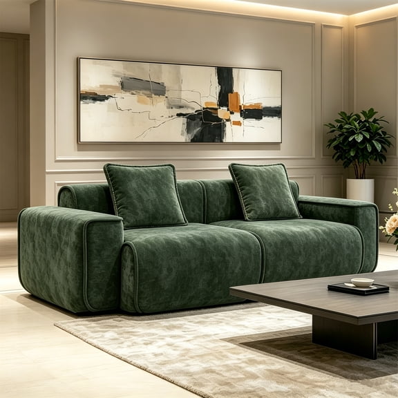 Aukfa 79" Boneless Couch Deep Seat Loveseat Cloud Sofa for Living Room Bedroom, 2 Pillows, Velvet, Green
