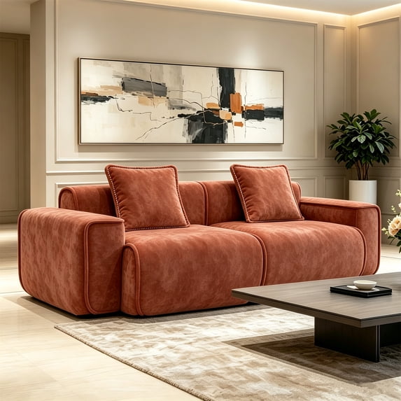 Aukfa 79" Boneless Couch Deep Seat Loveseat Cloud Sofa for Living Room Bedroom, 2 Pillows, Velvet, Terracotta