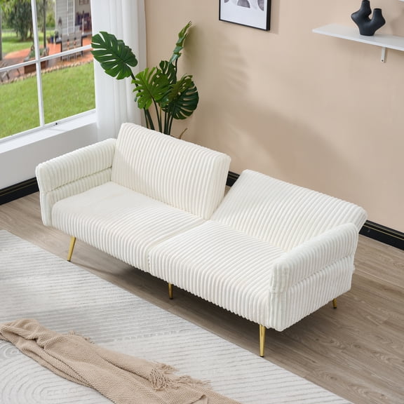 Aukfa 79" Corduroy Convertible Futon Sofa Bed, 3-Position Adjustable Armrests, 2 Pillows, Beige