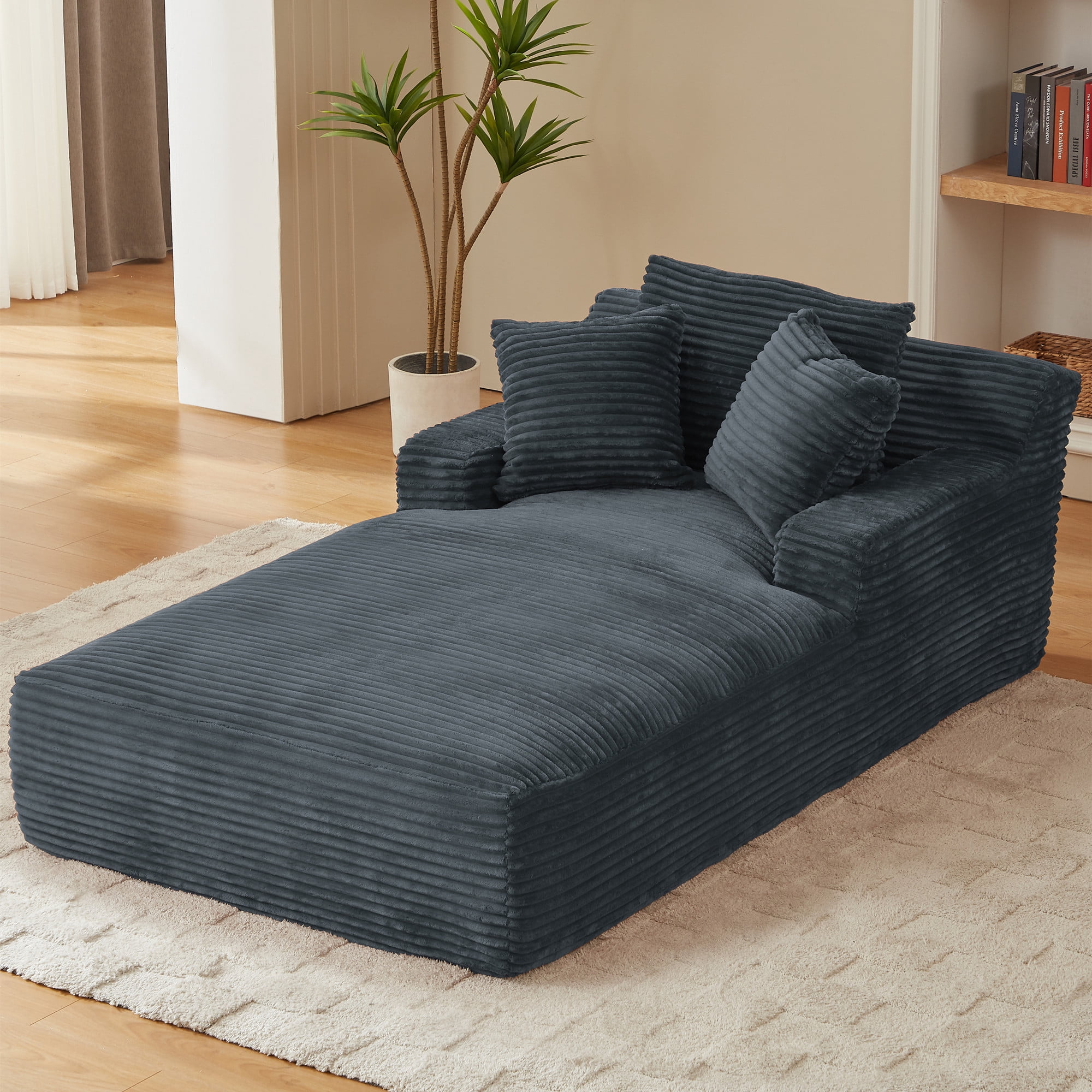 Aukfa Chaise Lounge Oversized Indoor Chair Boneless Couch for Living Room, 3Pillows, Gray