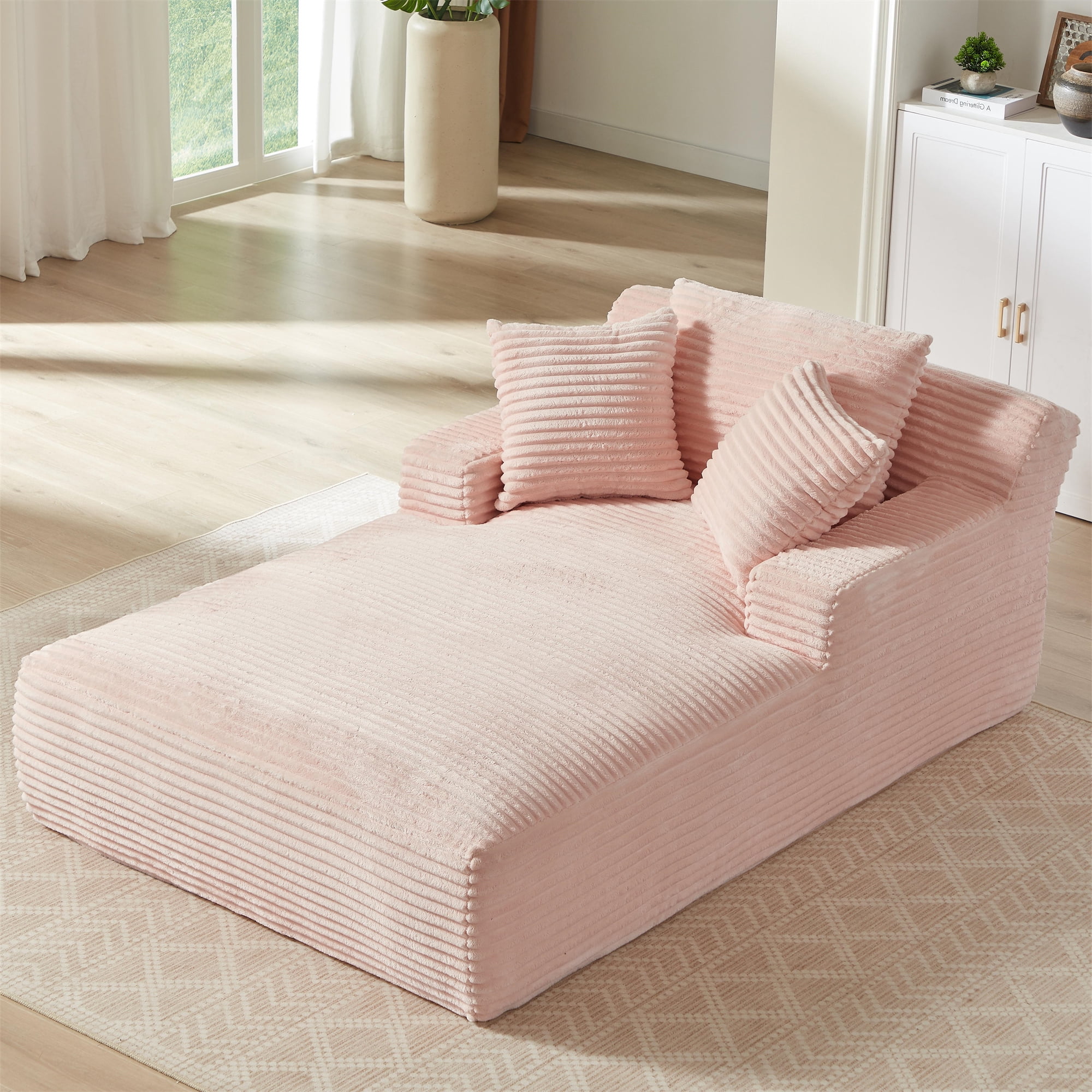 Aukfa Chaise Lounge Oversized Indoor Chair Boneless Couch for Living Room, 3Pillows, Pink