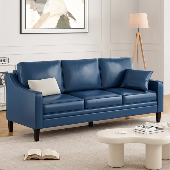 Aukfa 79" Faux Leather 3-Seater Sofa with Curved Armrests and Solid Wood Legs, Blue