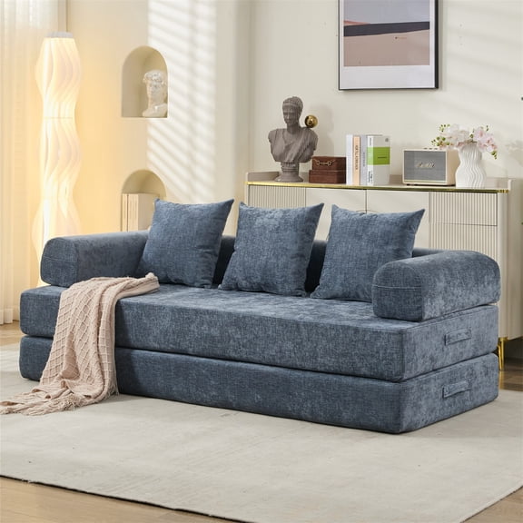 Aukfa 79" Convertible Sofa Bed Futon with Storage Pocket, Folding Pull Out Boneless Sofa for Living Room, Chenille, Blue