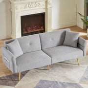 Aukfa 79 Futon Convertible Sofa Bed, Adjustable Arm, 2 Pillows&Side Pocket, Teddy Fleece, Gray