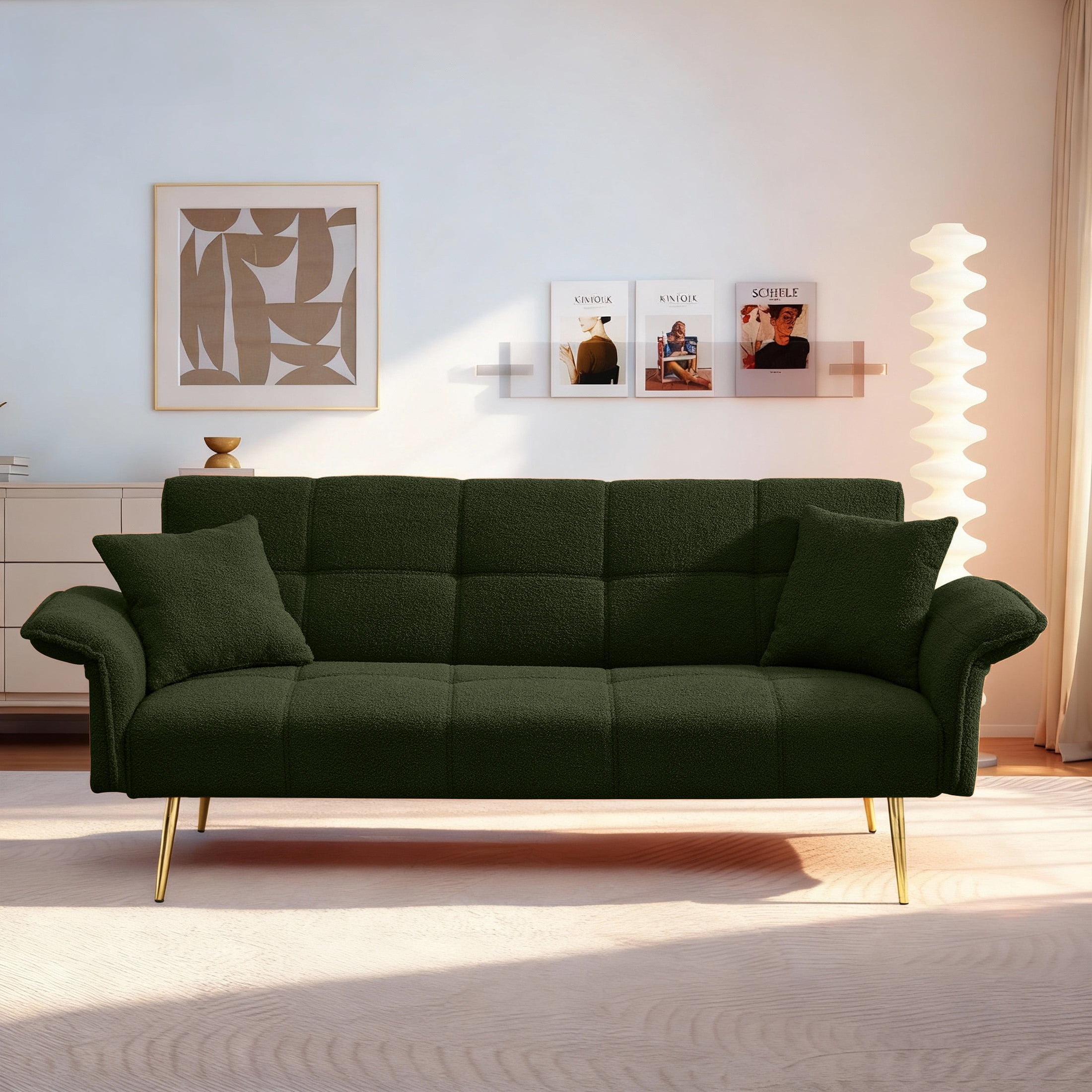 Aukfa 79" Teddy Fleece Convertible Futon Sofa Bed, 3-Position Adjustable Armrests, 2 Pillows, Green
