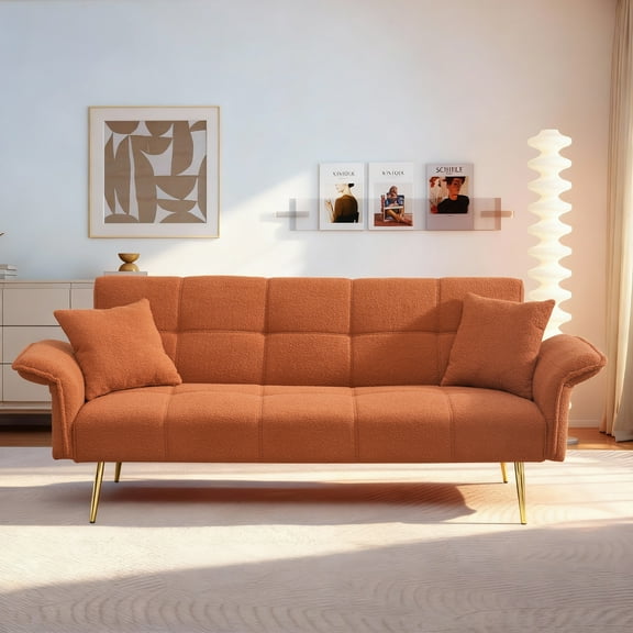 Aukfa 79" Teddy Fleece Convertible Futon Sofa Bed, 3-Position Adjustable Armrests, 2 Pillows, Orange