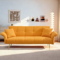 Aukfa 79" Teddy Fleece Convertible Futon Sofa Bed, 3-Position Adjustable Armrests, 2 Pillows, Yellow