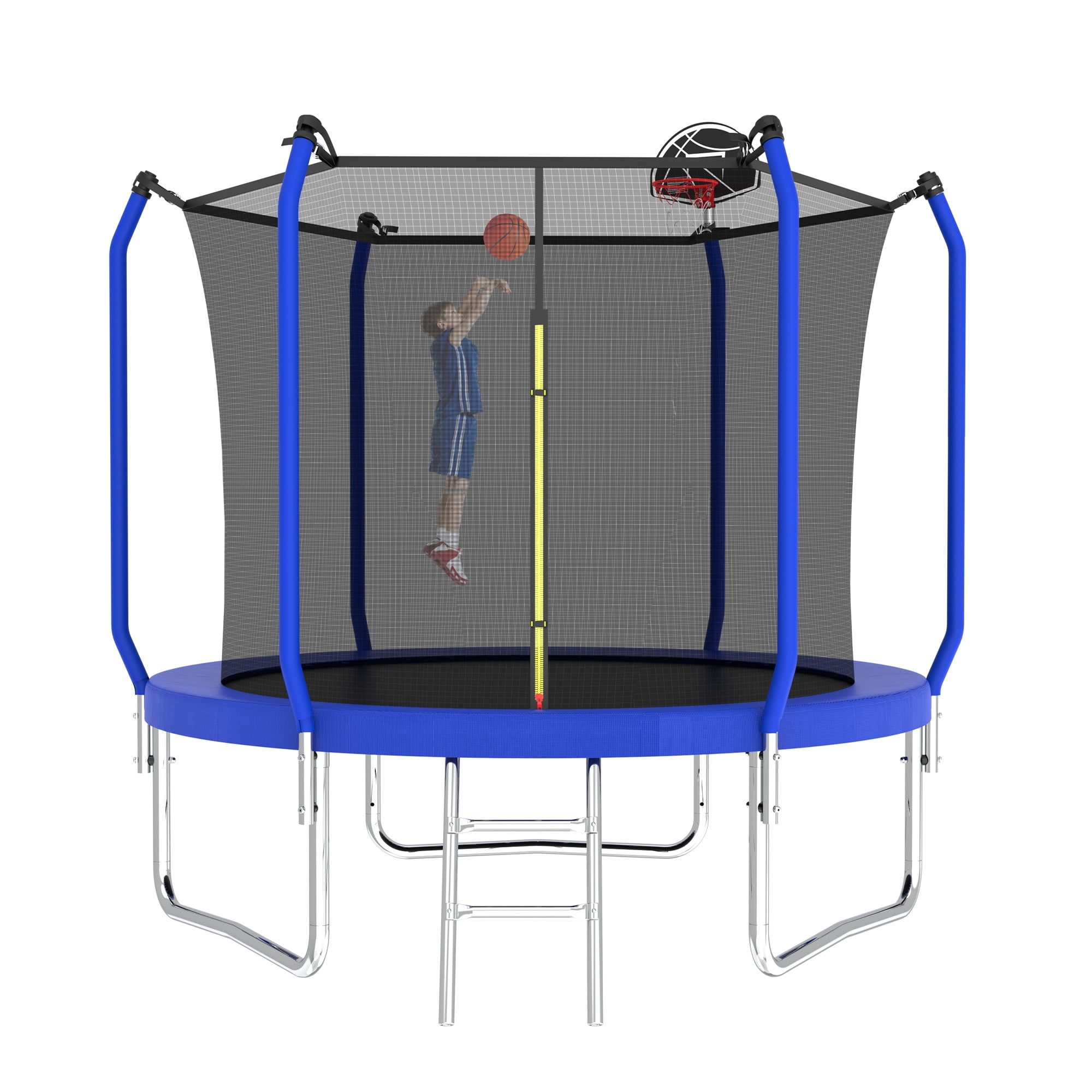 Aukfa 8 FT Trampoline with Safety Enclosure, Basketball Hoop & Ladder, Heavy-Duty Outdoor Jumper for Kids & Adults, Blue