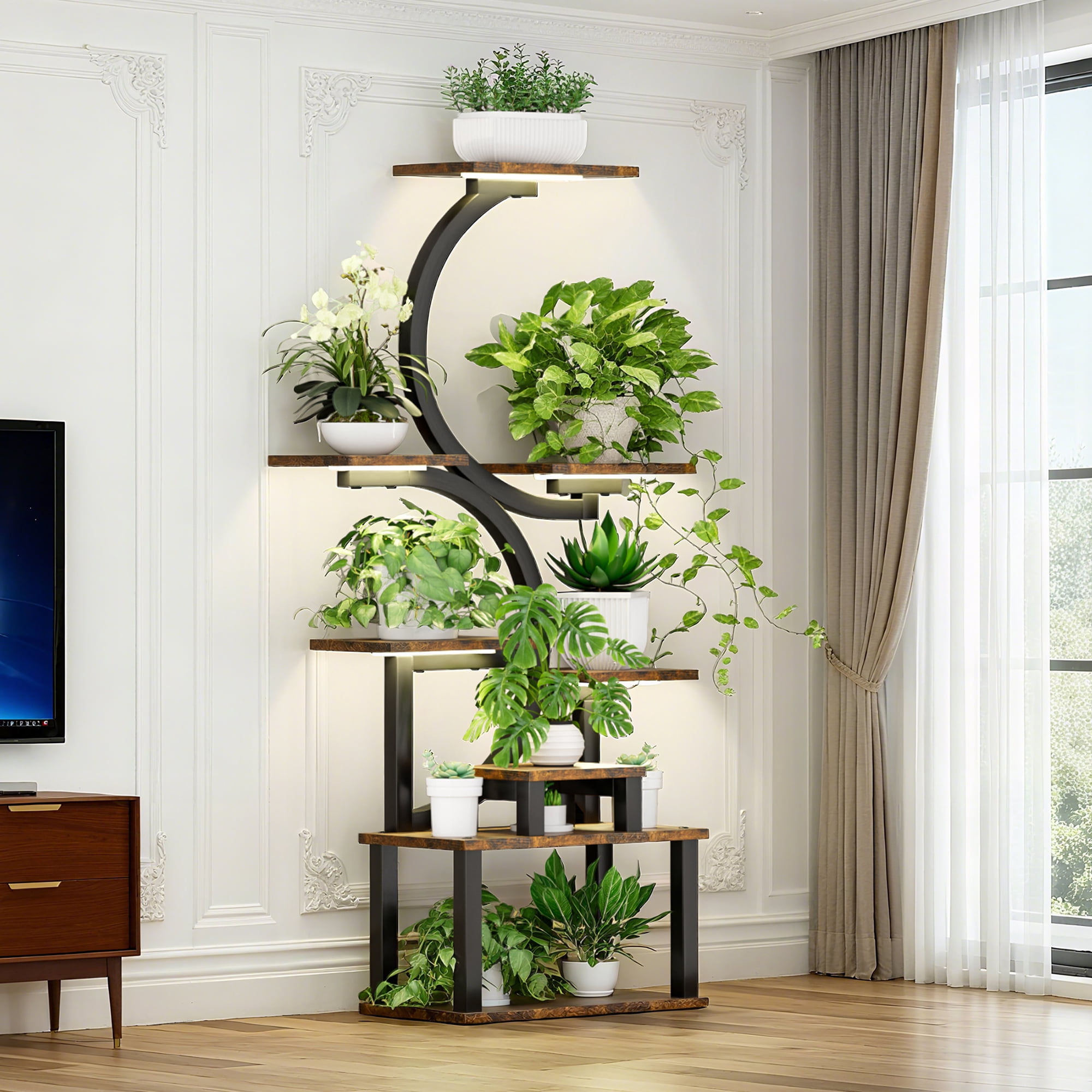 Aukfa 8-Tier Metal Plant Stand with Grow Lights,61.4" Tall Indoor Heavy Duty Plant Shelf for Multiple Plants, Full Spectrum LED& Time,Rustic Brown