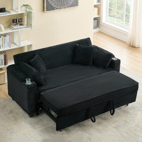 Aukfa 80" Comfy Couch Convertible Sofa Bed with Cup Holder for Living Room, 4Pillows, Corduroy, Black