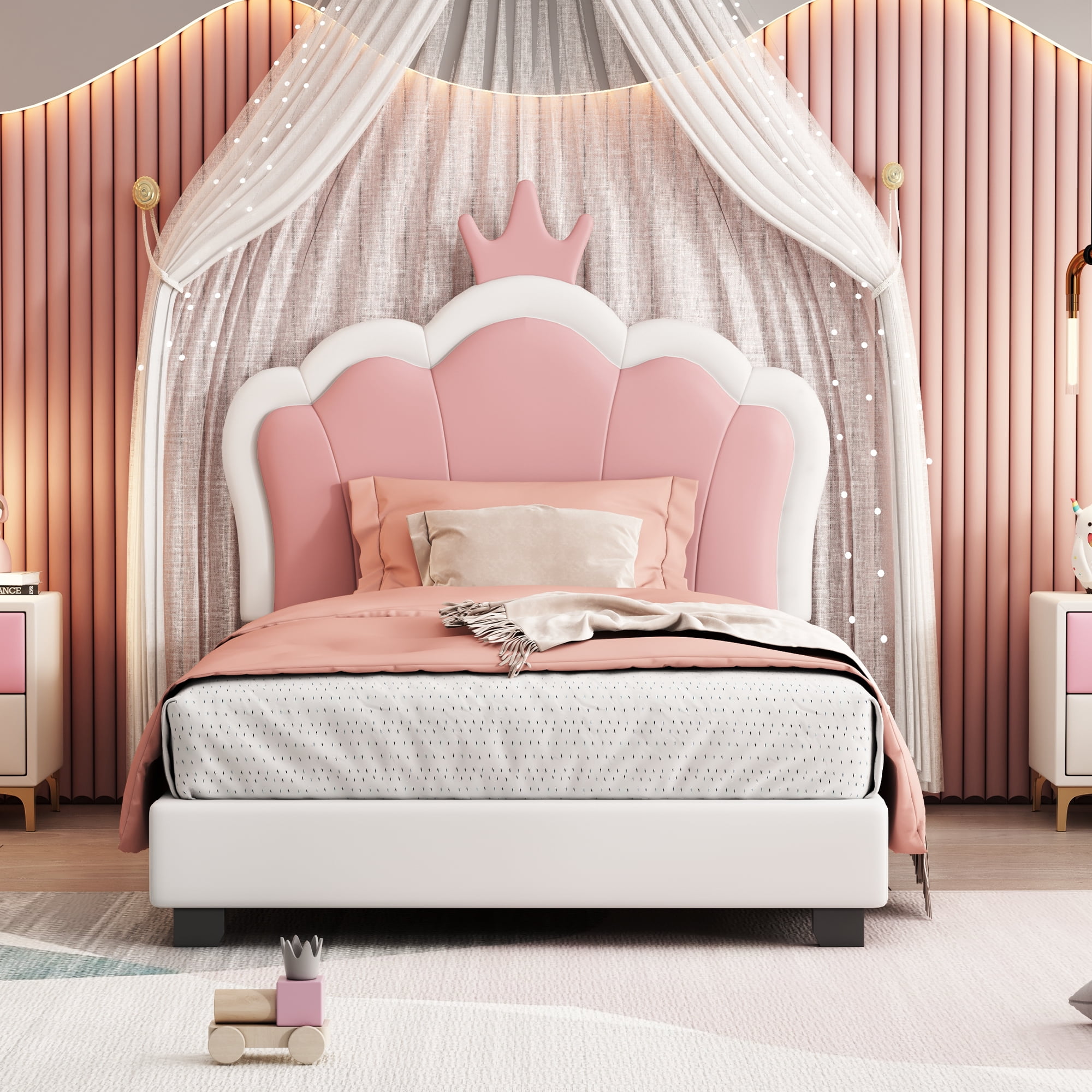 Aukfa Cartoon Kids Twin PU Leather Standard Bed Frame, White/Pink