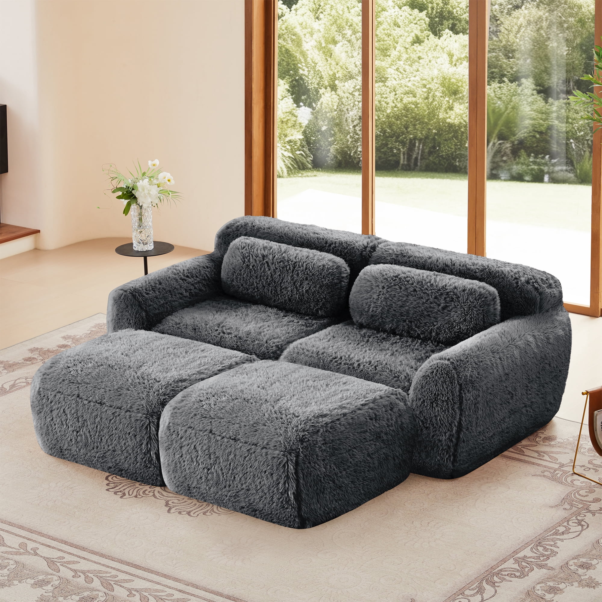 Aukfa 80" Faux Fur Modular Sectional Sofa with 2 Ottomans, Deep Seat Boneless Couch for Living Room, Gray