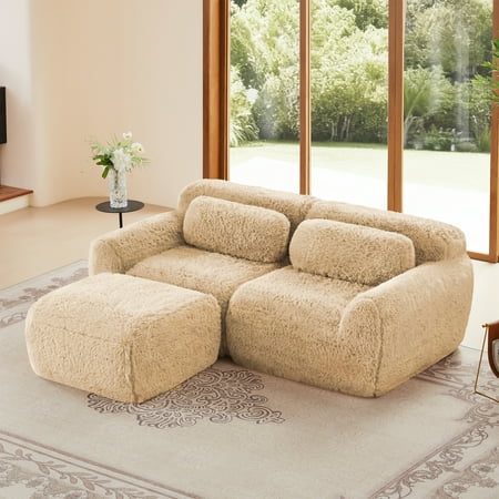 Aukfa 80" Faux Fur Modular Sectional Sofa with Ottoman, Deep Seat Boneless Couch for Living Room, Camel