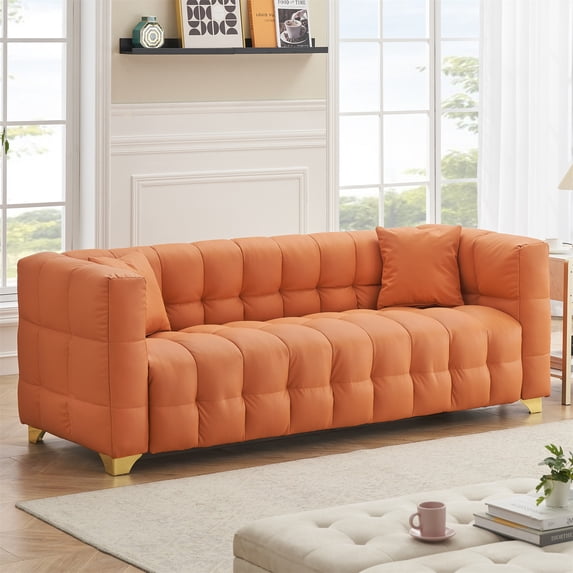 Aukfa 80" Modern Comfy Sofa, Deep Tufted Couch for Living Room, 2 Pillows, Leathaire, Orange