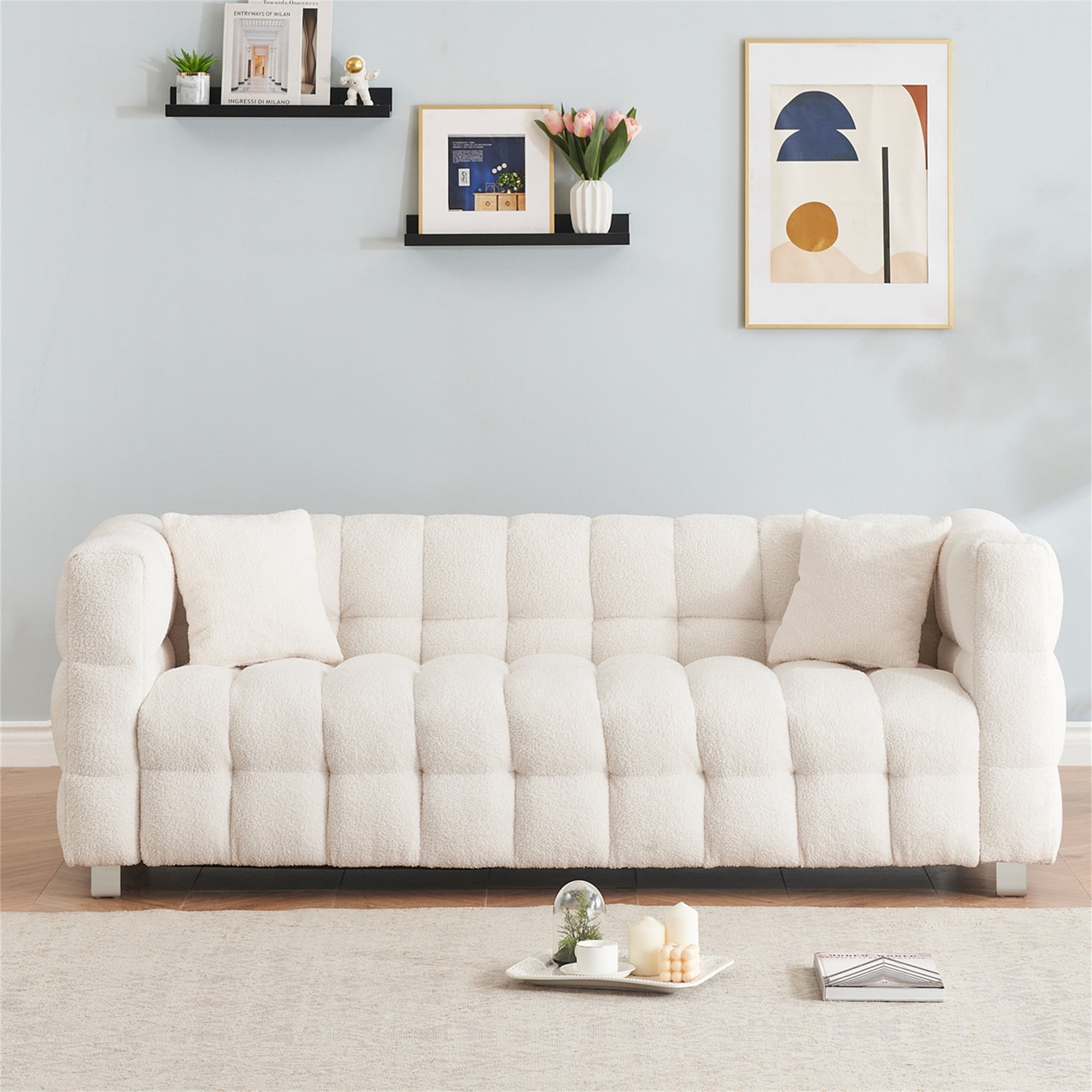 Aukfa 80" Modern Comfy Sofa, Deep Tufted Couch for Living Room, 2 Pillows, Teddy Fleece Beige