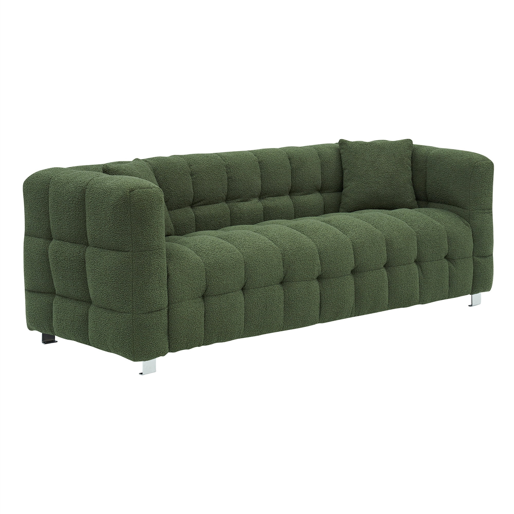 Aukfa 80" Modern Comfy Sofa, Deep Tufted Couch for Living Room, 2 Pillows, Teddy Fleece Green