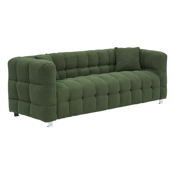 Aukfa 80" Modern Comfy Sofa, Deep Tufted Couch for Living Room, 2 Pillows, Teddy Fleece Green