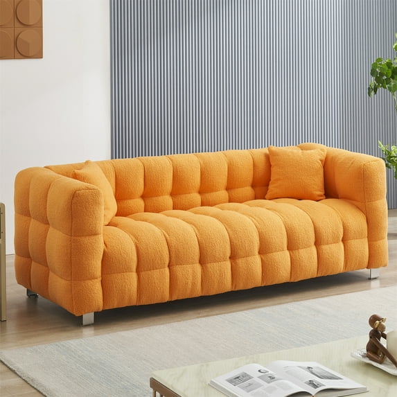 Aukfa 80" Modern Comfy Sofa, Deep Tufted Couch for Living Room, 2 Pillows, Teddy Fleece Orange