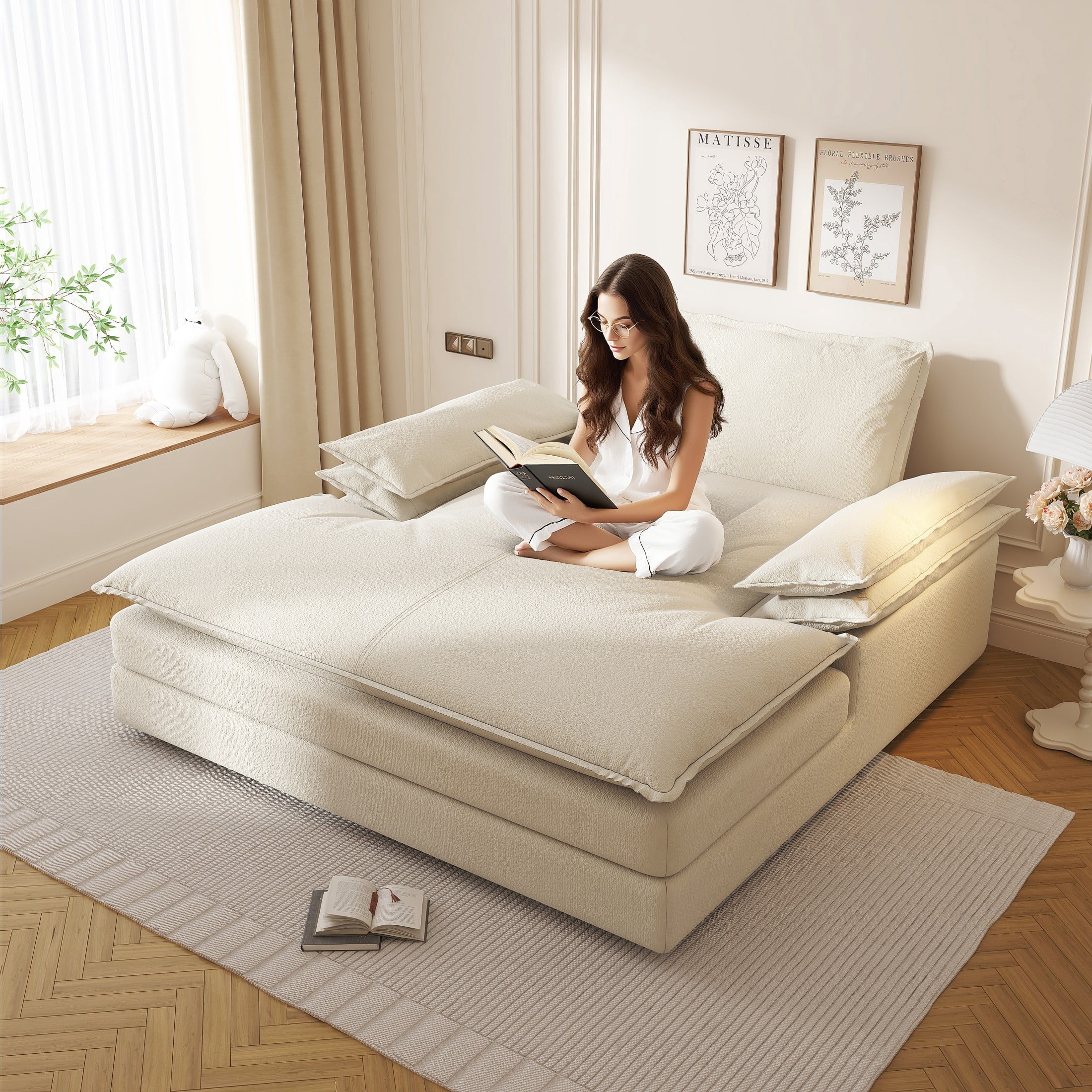 Aukfa 80" Oversized Double Chaise Lounge, Boneless Cloud Upholstered Sofa Bed, Sleeper Loveseat with Removable Deep Seat Cushions, Beige